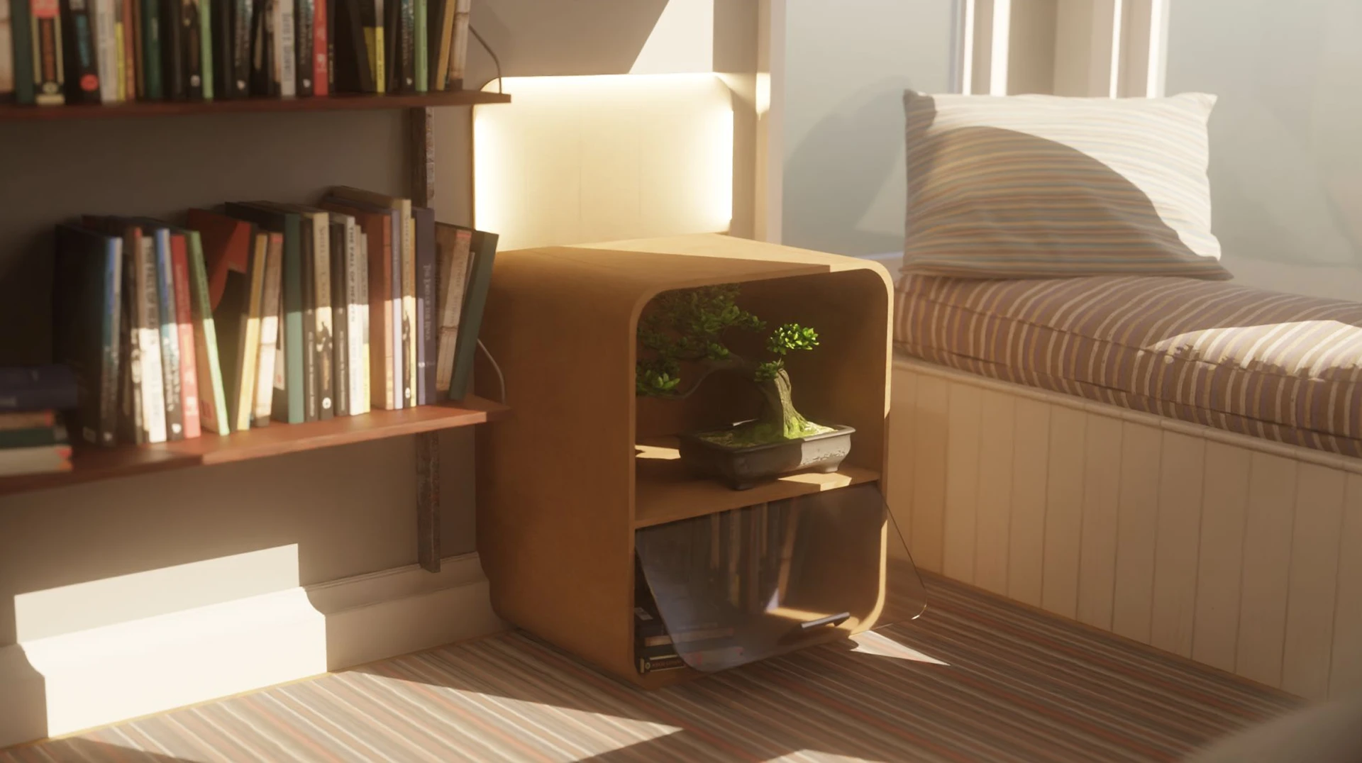 CAD render of the bespoke reading-nook furniture system